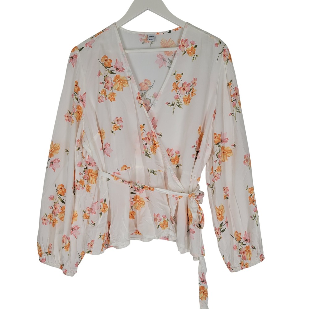 Old Navy Wrap Blouse Womens XL White Floral Long Balloon Sleeve V-Neck Tie Waist